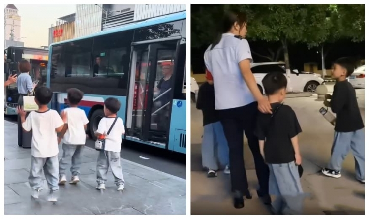 爸爸带三胞胎儿子接妈妈下班