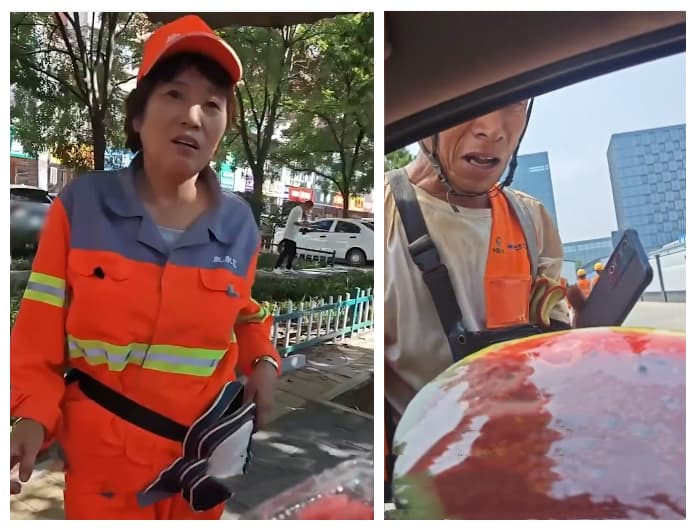 女子每天下班为环卫工人送零食