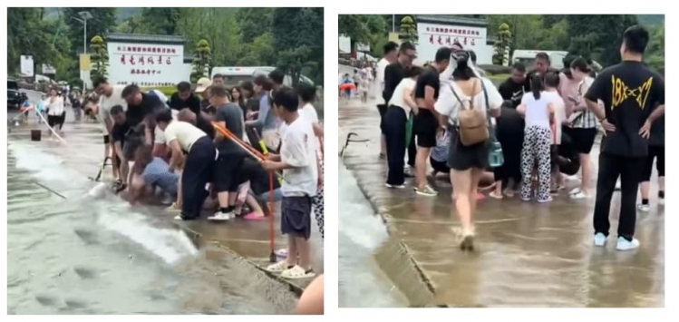 生死瞬间：小男孩被湍流冲入桥洞 白衣男子趴地拼命拉住不放