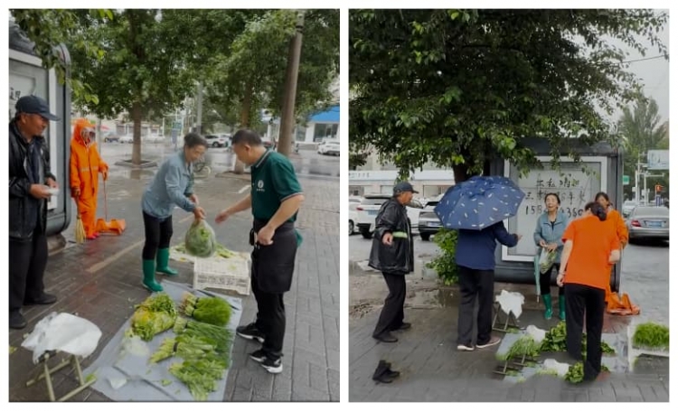 老人雨中卖菜来了一群热心人
