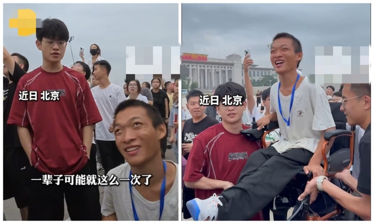 “余华史铁生”式的友情！ 轮椅少年被陌生人合力托举看升旗